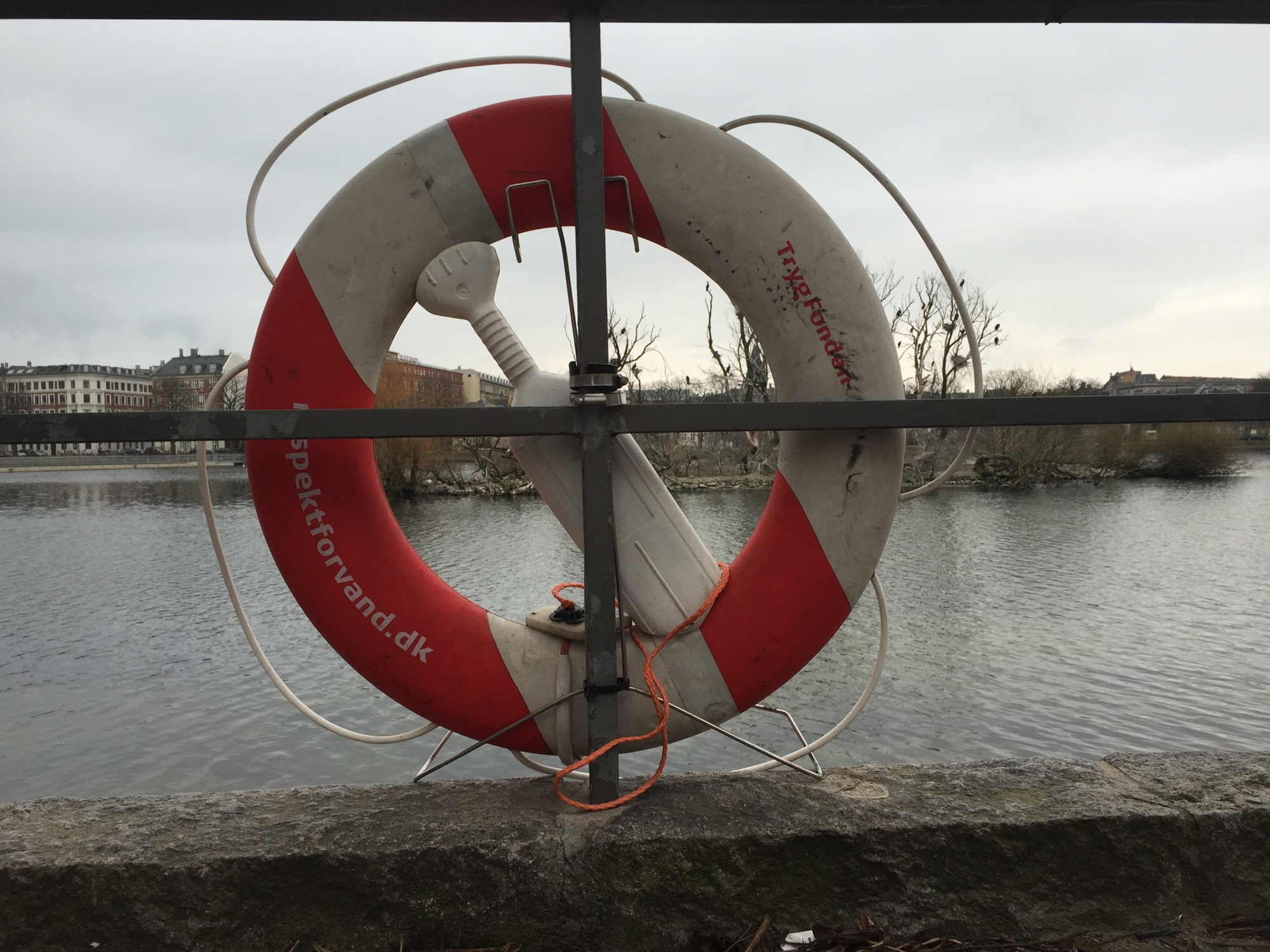 Rettungsring an der Promenade, im Hintergrund eine von Vögeln bevölkerte Insel
