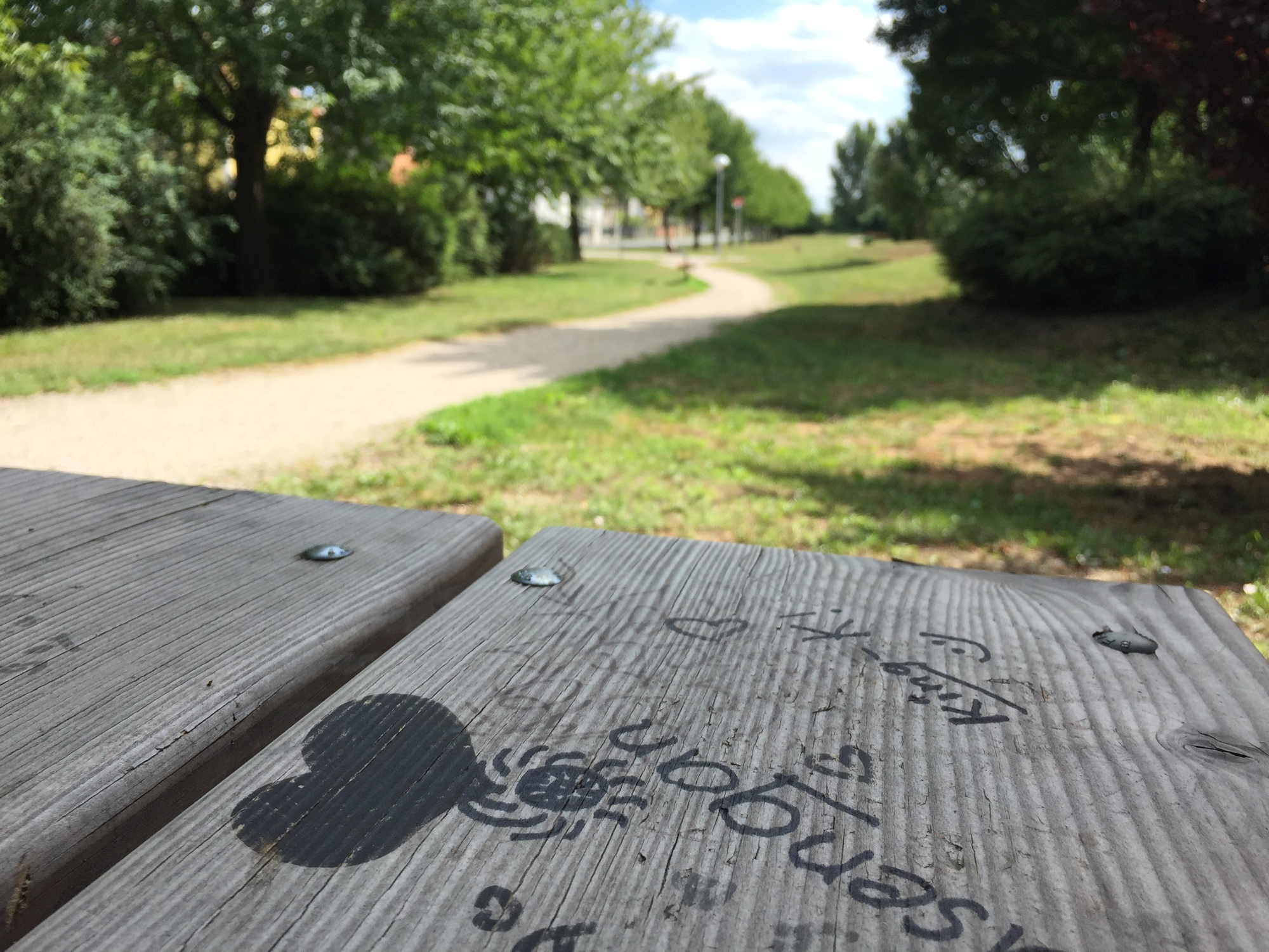 kurze Pause auf einem Grünstreifen neben einer Schule, Zeichnungen auf der Bank, Grünstreifen im Hintergrund