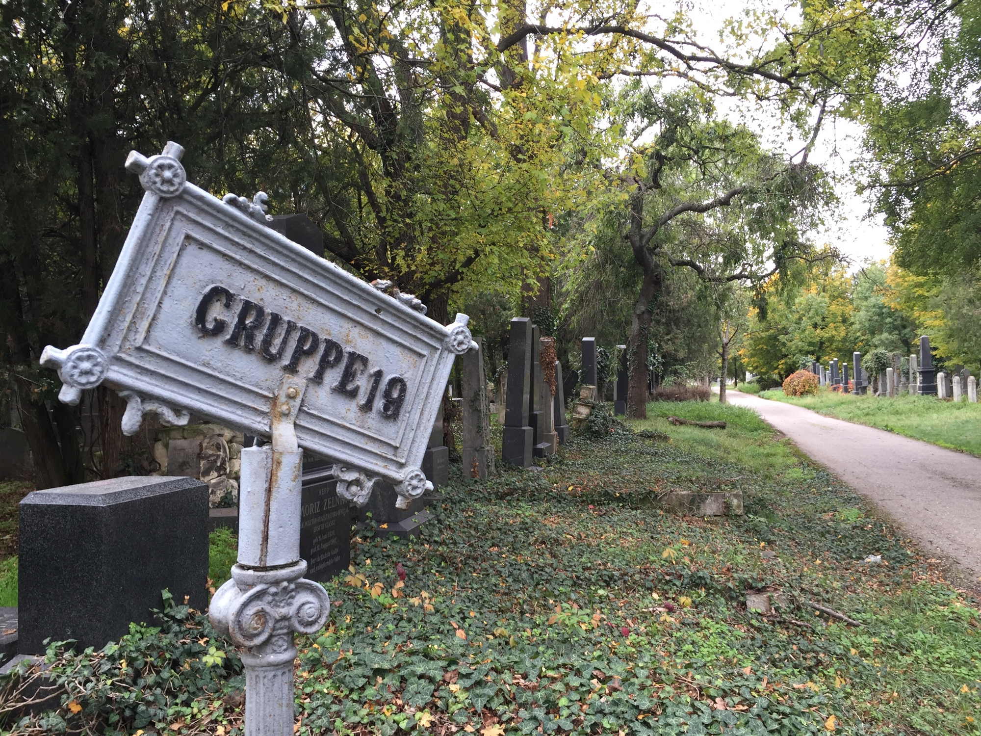 schief stehendes Schild „Gruppe 19“ am Wiener Zentralfriedhof mit Blick auf einen Teil der alten jüdischen Abteilung