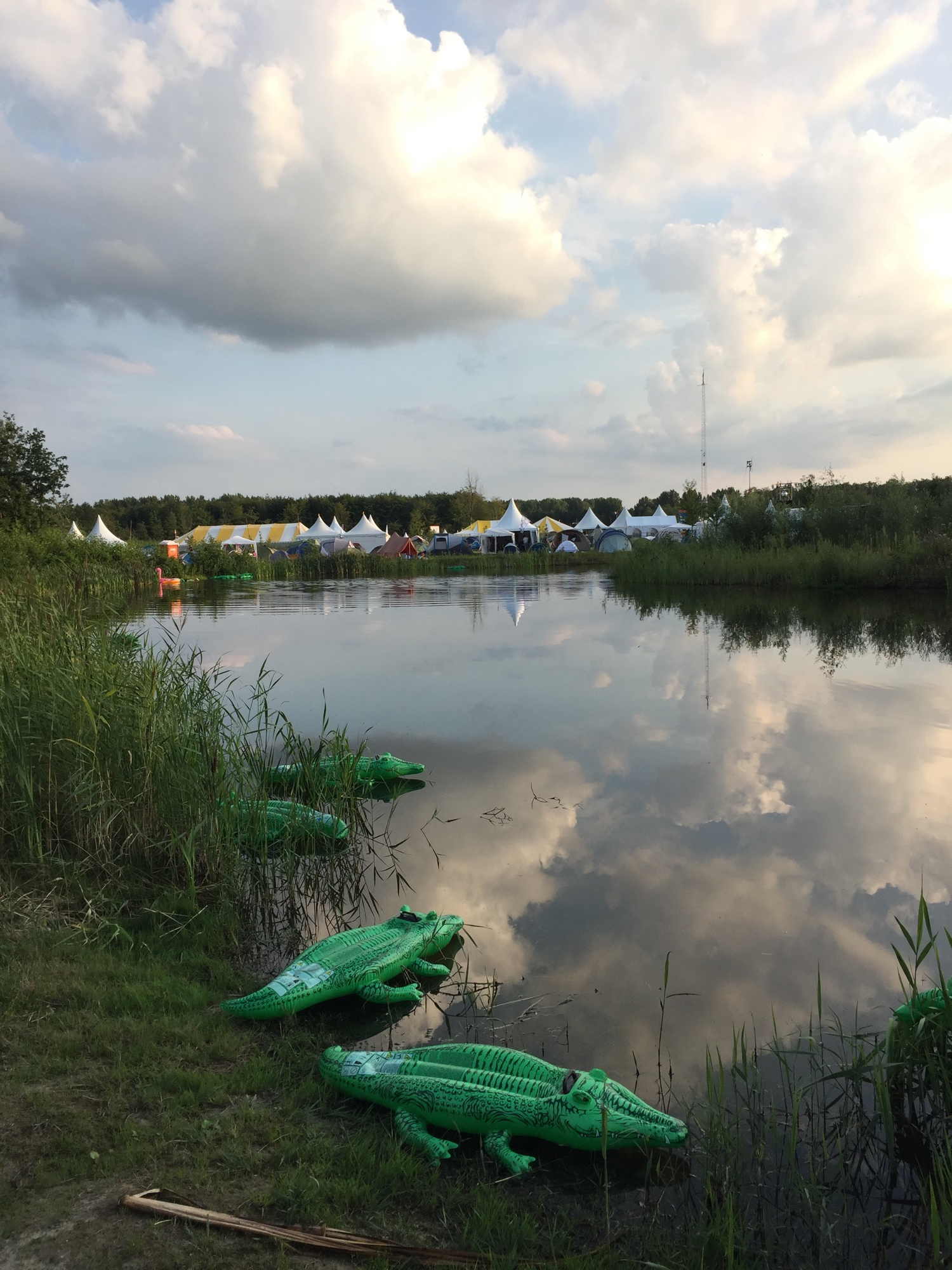 Plastikkrokodile am Seeufer, im Hintergrund bunte Zelte