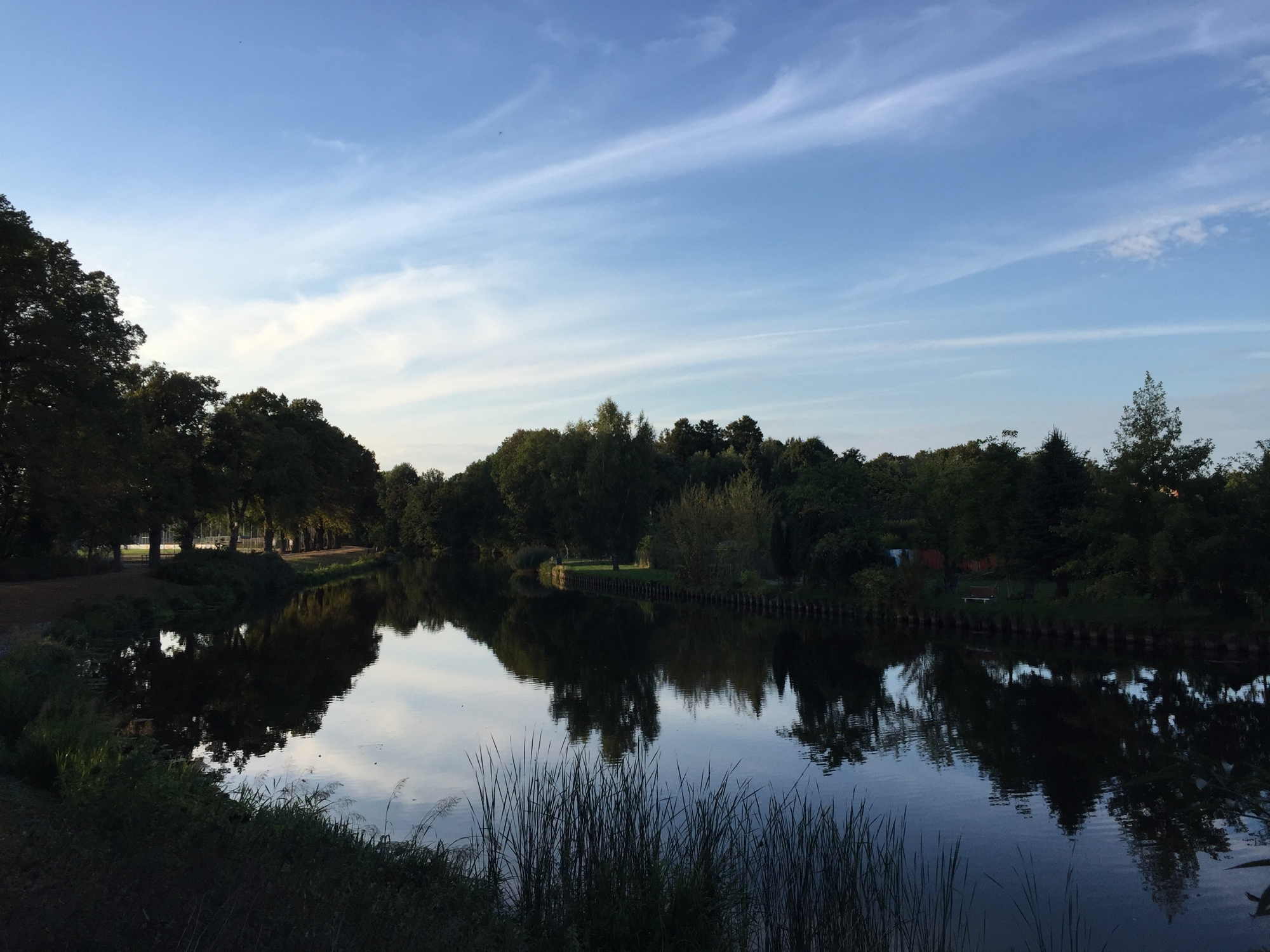 Blick auf einen ruhigen Fluss mit Abendhimmel, die beiden Flussufer spiegeln sich im Wasser