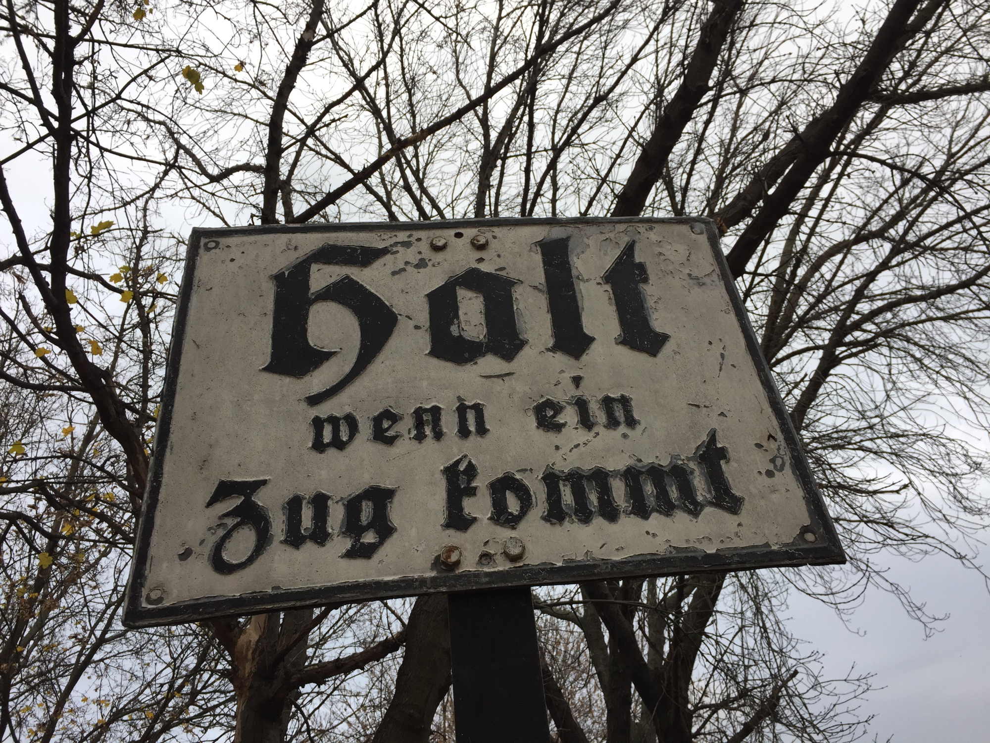 Schild mit der Aufschrift: Halt wenn ein Zug kommt