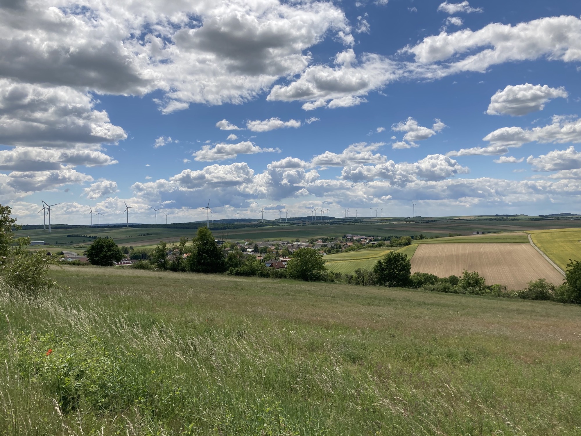 Aussicht vom Friedenskreuz auf Ladendorf, Felder, Windräder und leicht bewölkten Himmel