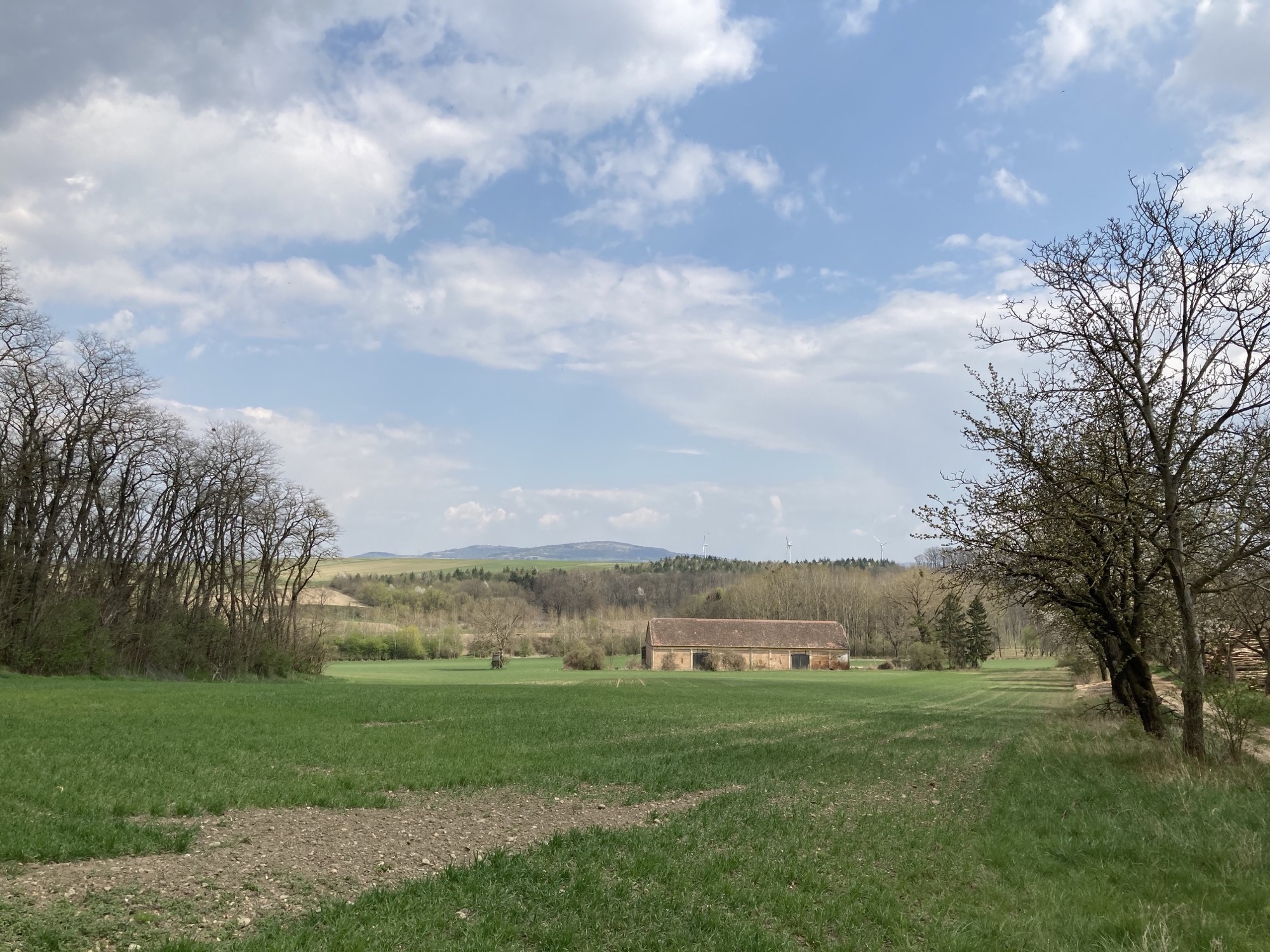 Ausblick auf den Grummethof, im Hintergrund 2 Windräder vor leicht bewölktem Himmel