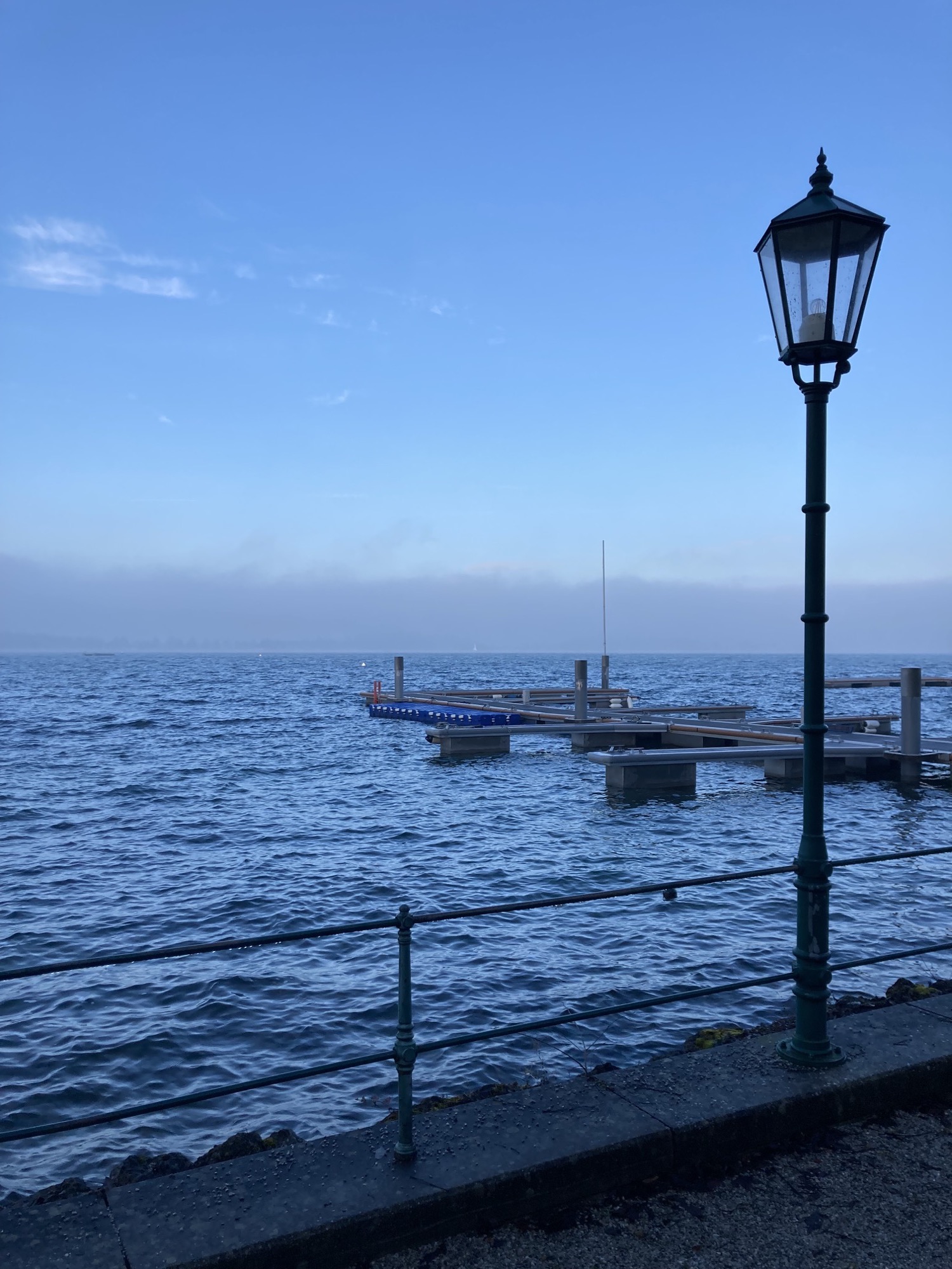 verlassene Anlegestelle für Boote an der Seepromenade Mattsee, im Vordergrund ein Geländer, das die Promenade vom See trennt und eine Straßenlaterne