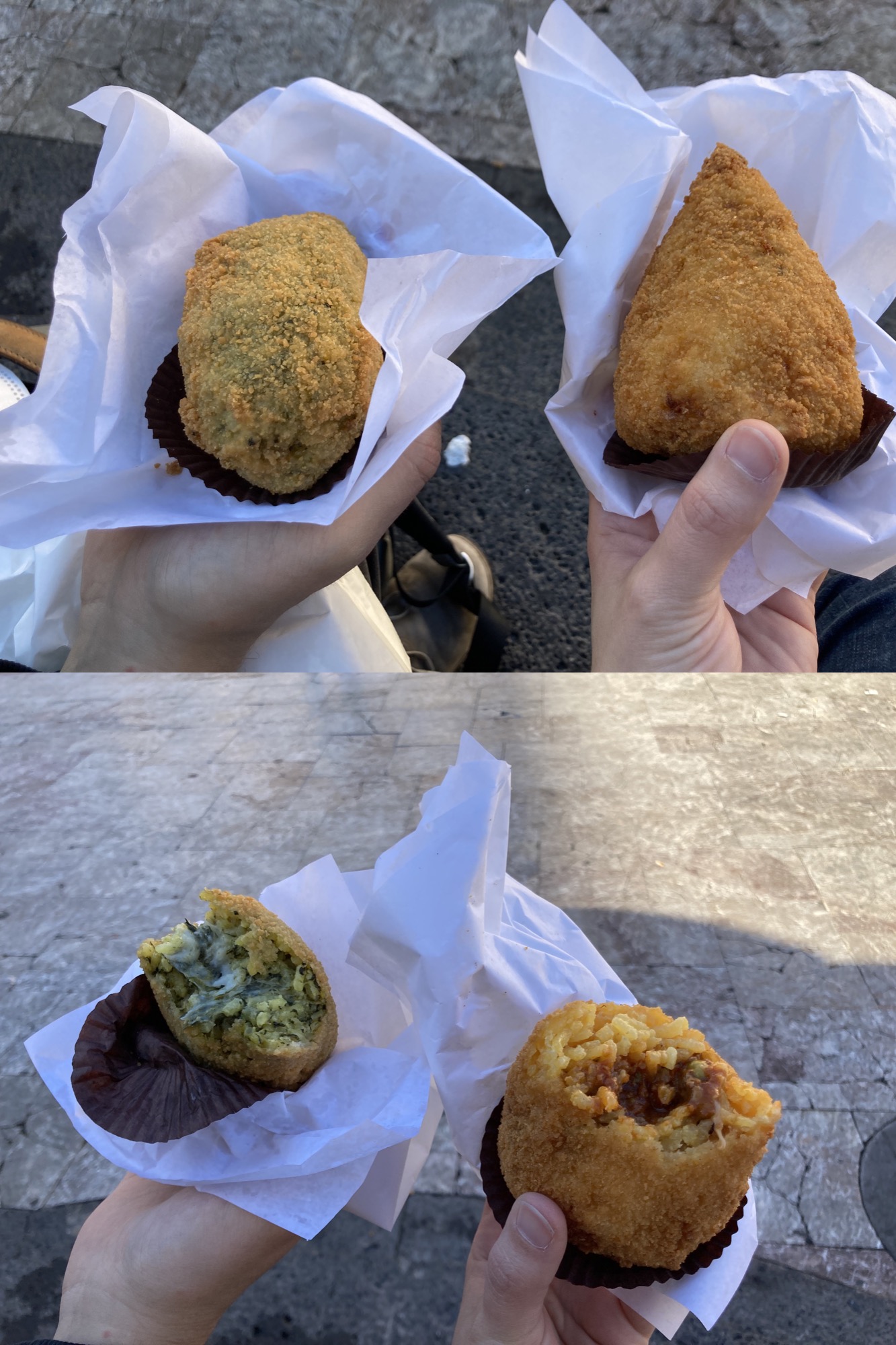 Arancini - sizialianische Reisbällchen mit Spinat- bzw. Fleischfüllung