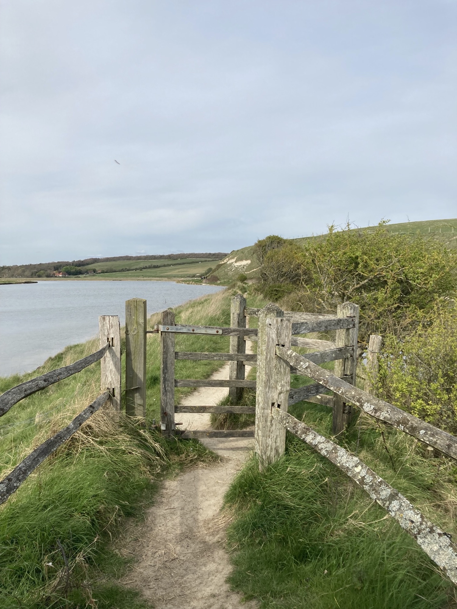 Weg mit Viehgatter, links Wasser, rechts im Hintergrund Kalkhügel