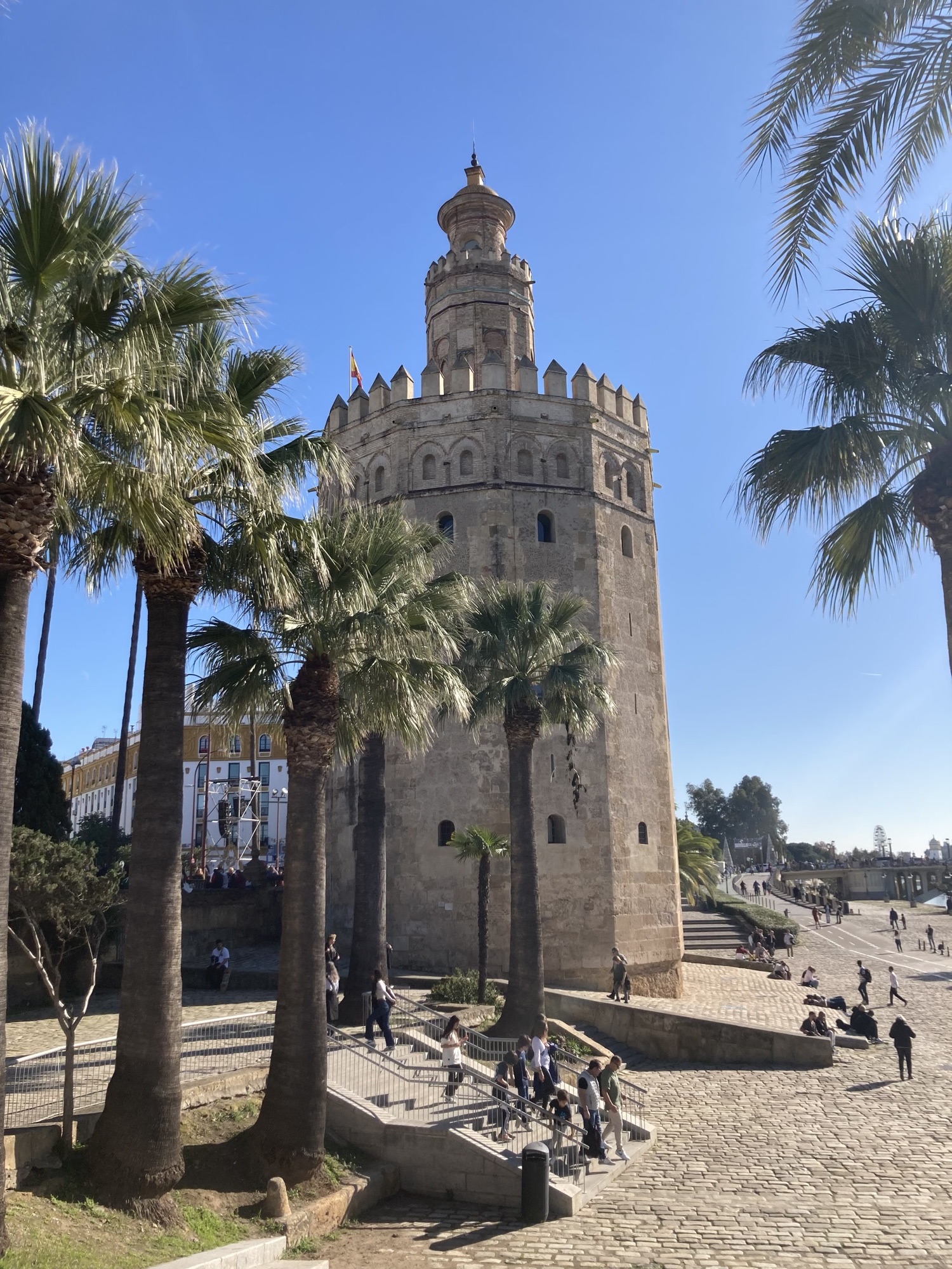 Torre del Oro (Goldturm), zwölfeckiger kompakter Turm in der Nähe der Brücke San Telmo über den Fluss Guadalquivir, der Turm ist von Palmen gesäumt, rundherum genießen Menschen die Sonne am Flussufer