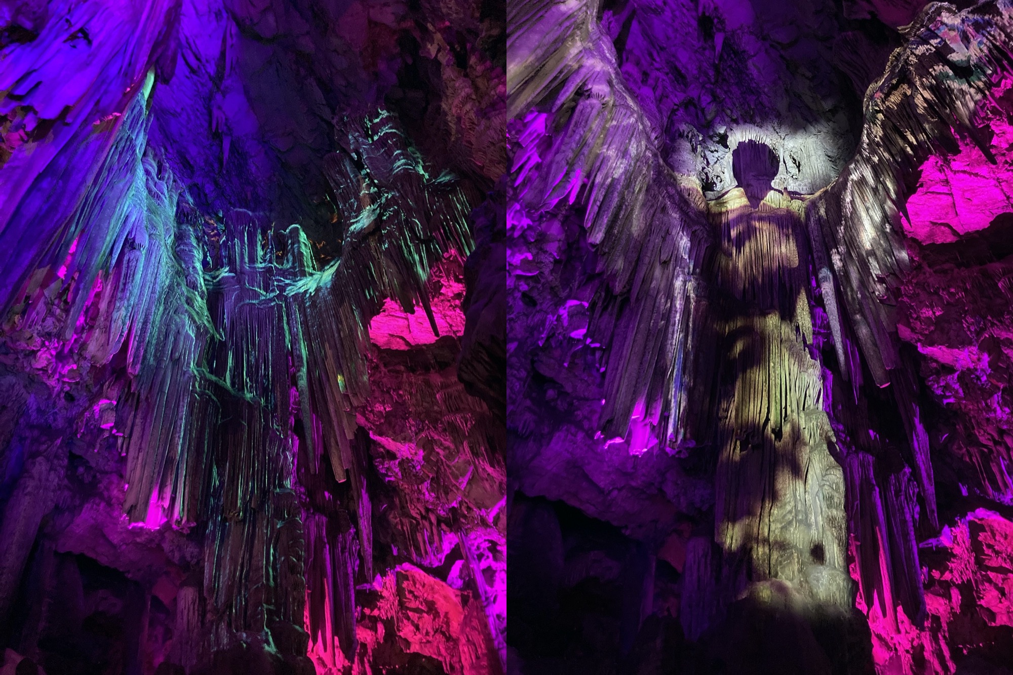 zwei Bilder nebeneinander, beide zeigen eine beleuchtete Felsformation, die einem Engel mit ausgebreiteten Flügeln ähnelt, im linken Bild ist der Engel mehr in türkis getaucht und der Kopf nicht deutlich zu erkennen, im rechten Bild hebt sich der in weiß getauchte Engel inkl. Kopf deutlich von der restlichen Felswand in violett und pink ab