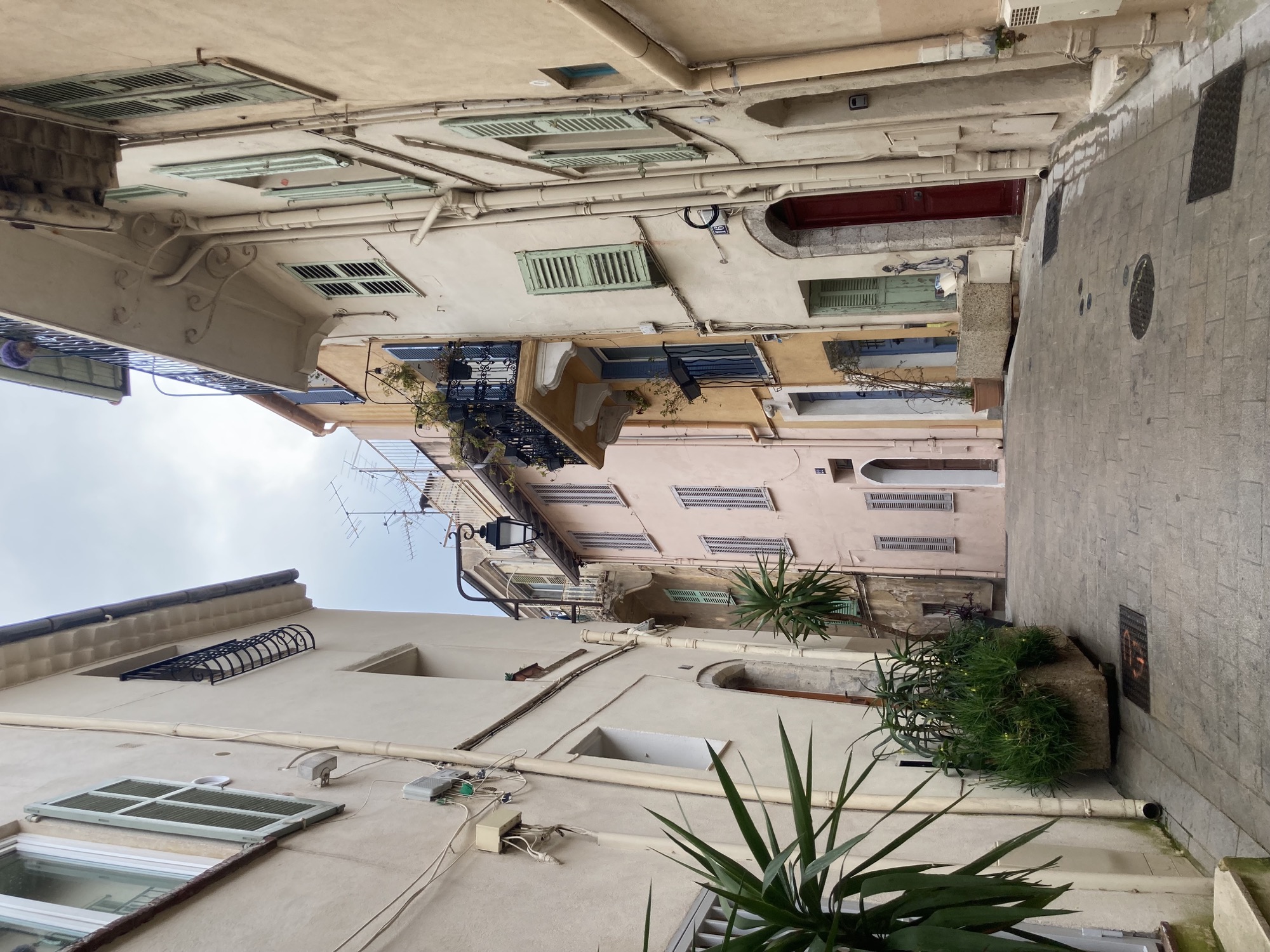 Innenstadtgasse, links und rechts zwei- bis dreistöckige schmale Häuser, links stehen Palmen in Blumenlästen