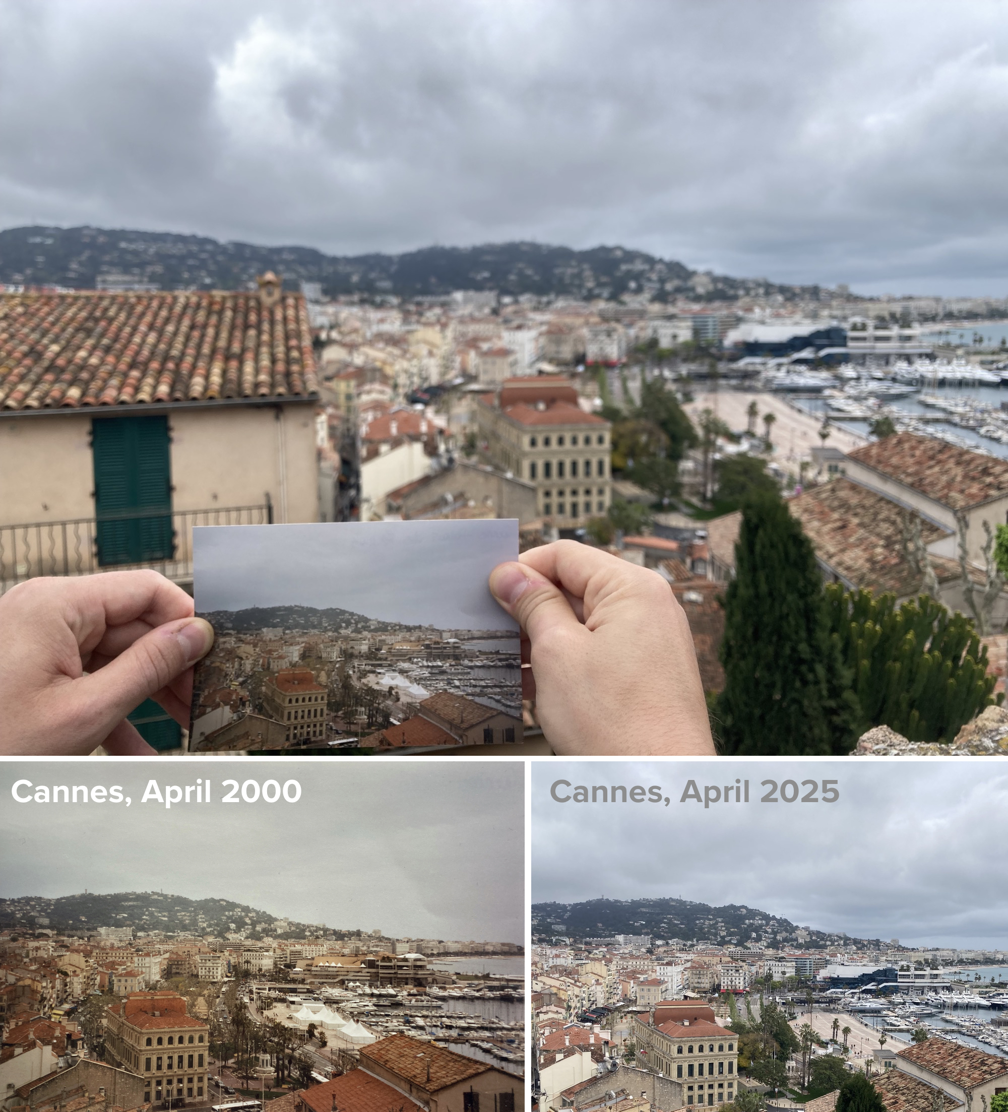 drei Versionen derselben Ansicht: Ausblick über den Hafen von Cannes: unten links: Cannes, April 2000,