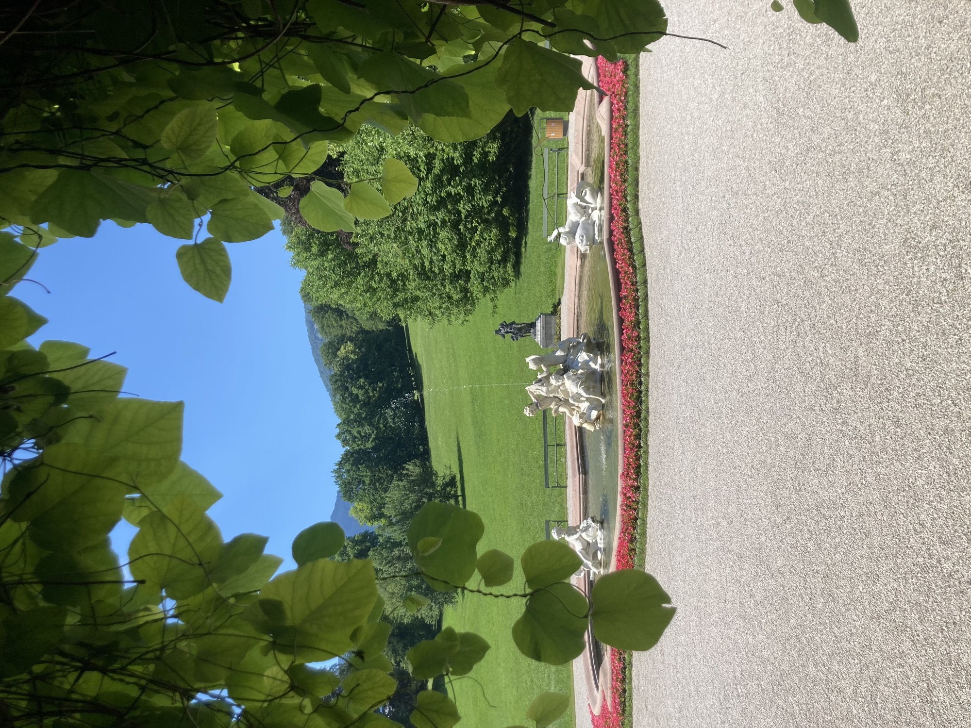 Blick durch einen Blättervorhang auf einen Springbrunnen, der Brunnen ist von rosafarbenen Blumen umringt, darin sind drei weiße Statuengruppen