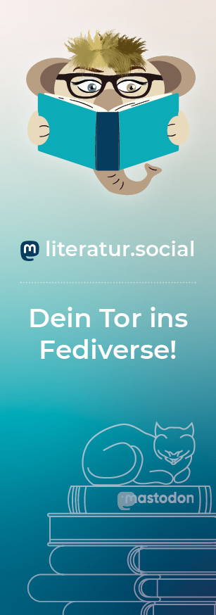 Lesezeichen oben: Mastodon mit Buch und Brille, Mitte: Schriftzug „Dein Tor ins Fediverse“, unten: Katze auf Bücherstapel mit Mastodon-Logo